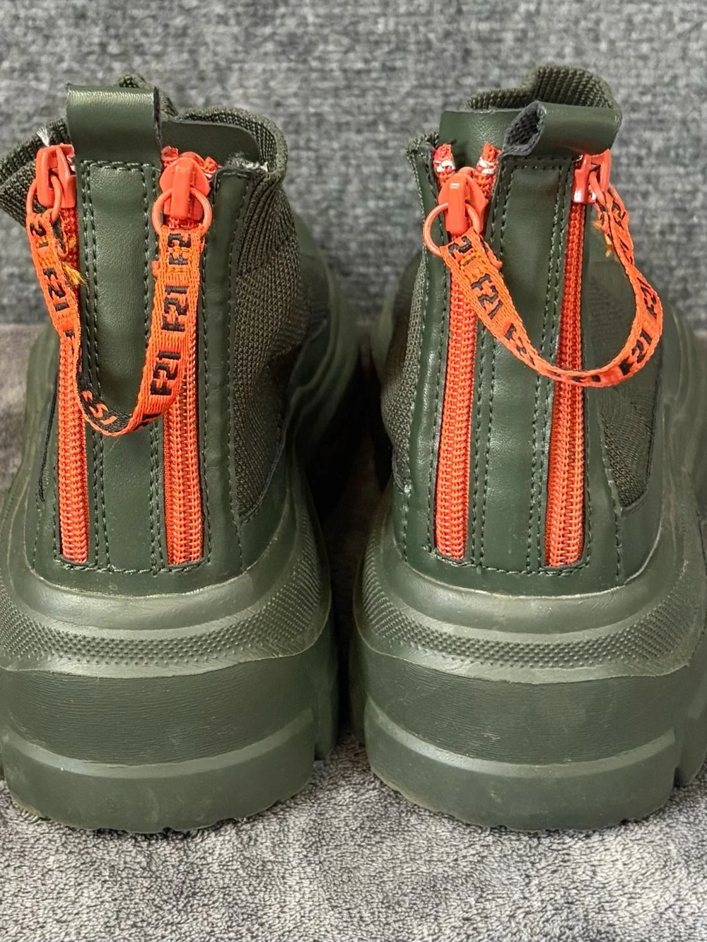 Olive Green Knit Platform Chelsea Boots with Orange Pull Tab Accent Chunky Boot